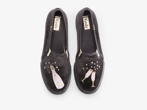 Keds Double Decker Velvet Cheers Női SlipOnSneakers Fekete | HU-43304