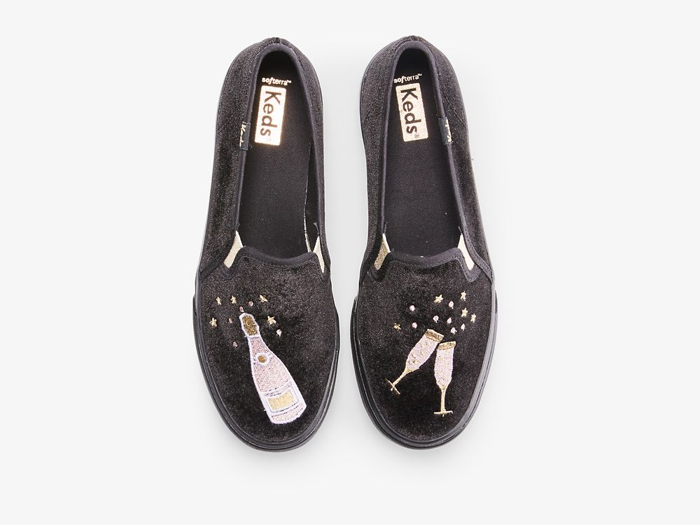 Keds Double Decker Velvet Cheers Női SlipOnSneakers Fekete | HU-43304