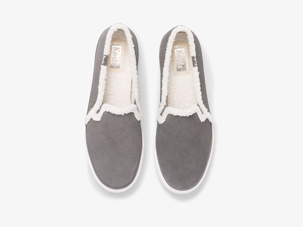 Keds Double Decker Velúr Faux Shearling Női SlipOnSneakers Sötétszürke | HU-82704