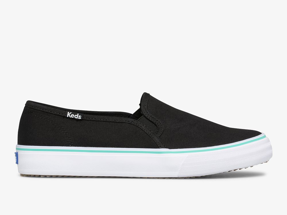 Keds Double Decker Vászon Washable Női SlipOnSneakers Fekete Türkiz | HU-89689