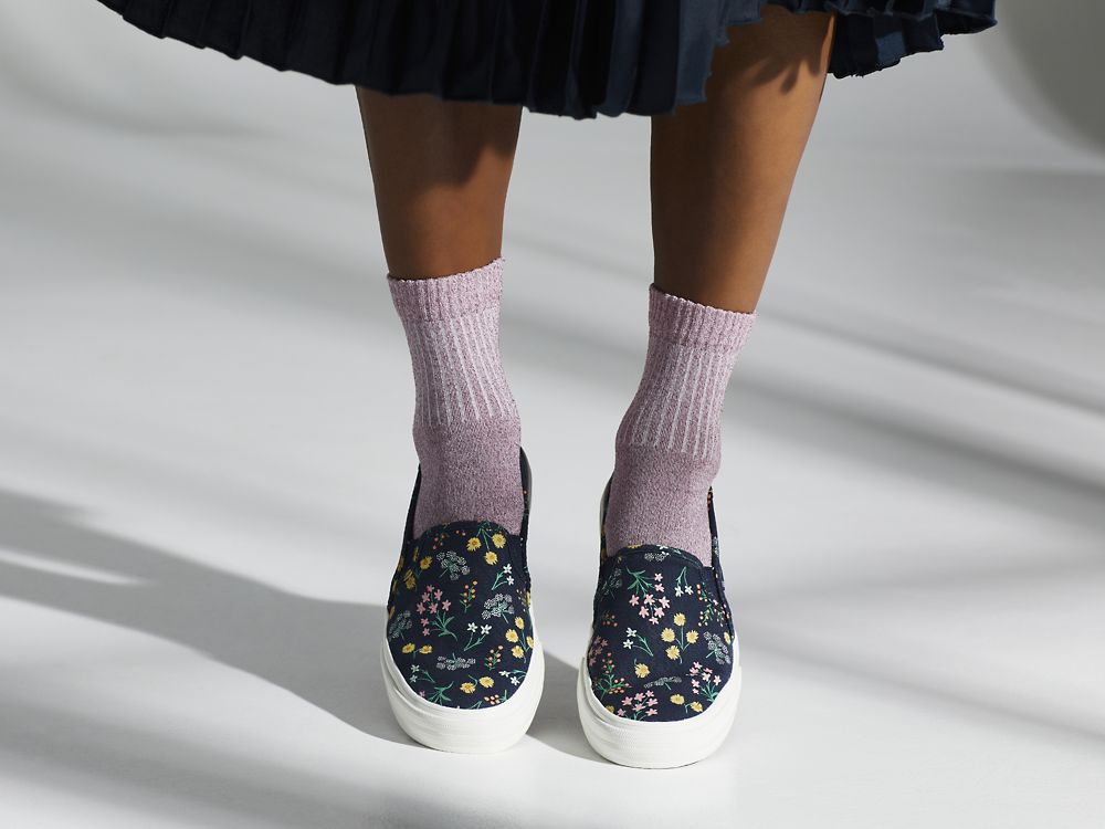 Keds Rifle Paper Co. Double Decker Petite Fleurs Printed Női SlipOnSneakers Sötétkék | HU-05799