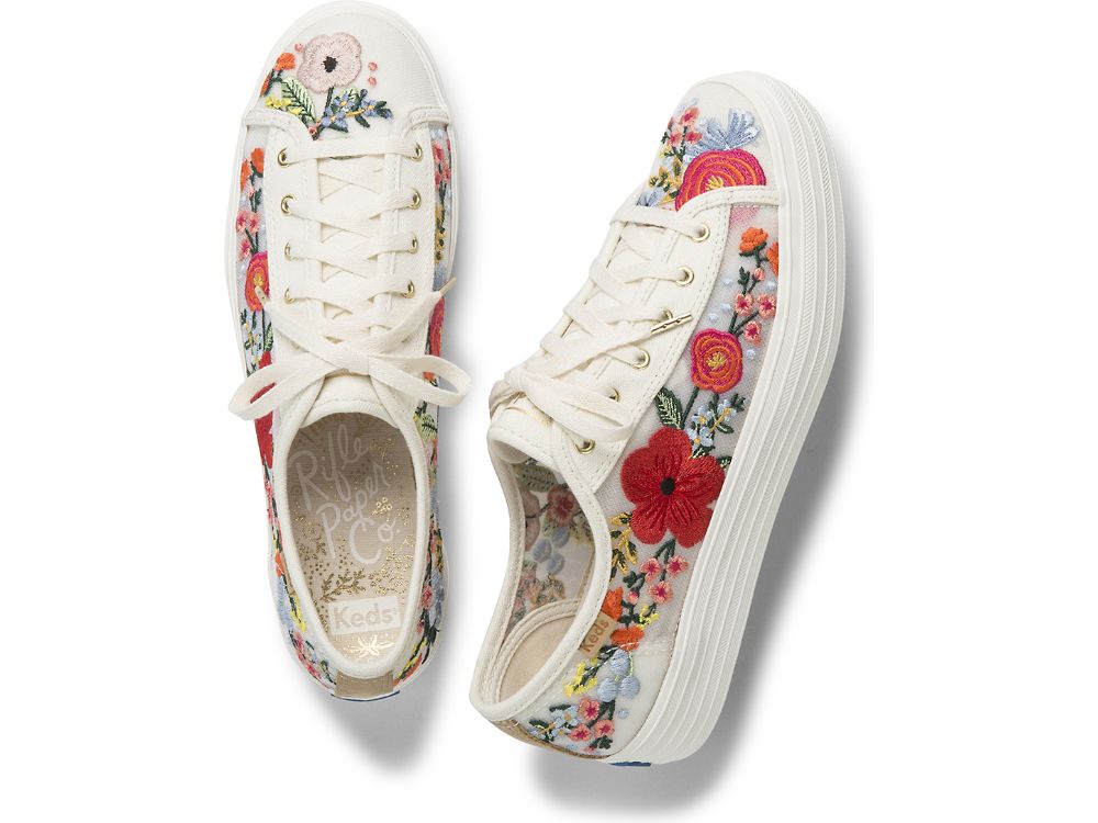 Keds Rifle Paper Co. Triple Kick Embroidered Mesh Női Platform Sneakers Fehér Színes | HU-06218